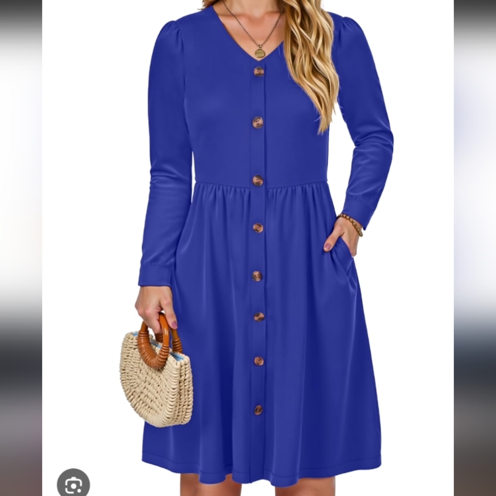 Royal Blue Long Sleeve Light Stretch Material Faux Buttoned Dress POCKETS